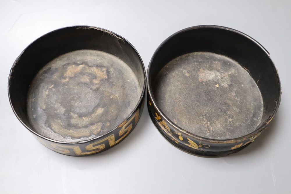 Two Regency papier mache wine coasters, with gilded detail, 13cm